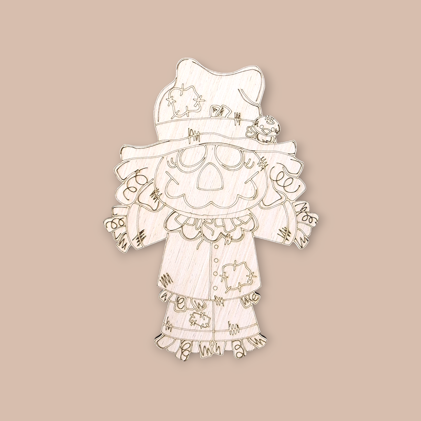 Unfinished wood door hanger blank with an engraved design of a friendly, smiling scarecrow.