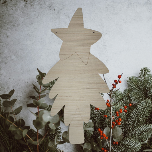 Unfinished wood Christmas tree cutout with a layered star topper and hanging holes.