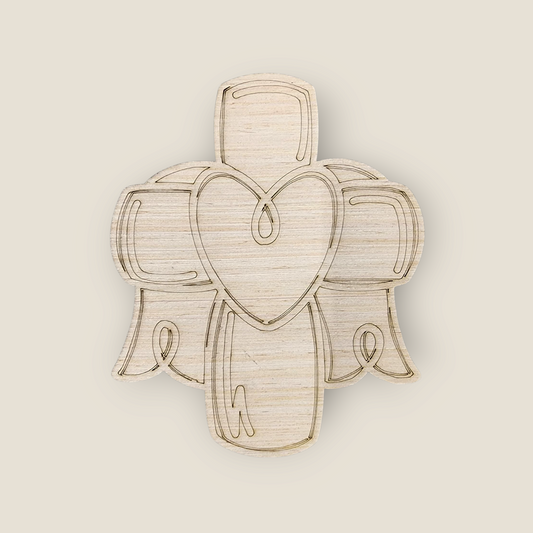 Unfinished wood door hanger blank shaped like a stylized angel with an engraved heart.