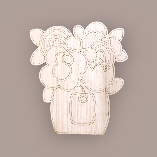 Unfinished wood door hanger blank with an engraved design of a floral bouquet in a vase.