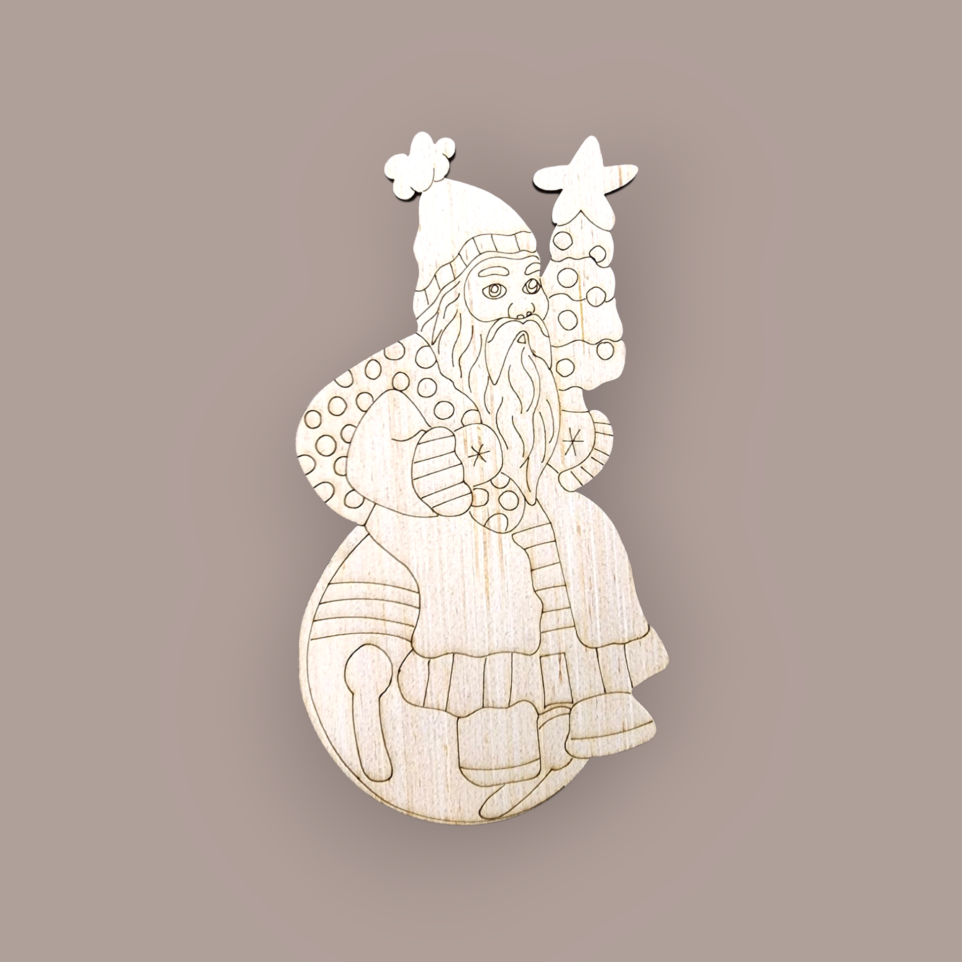 Unfinished wood blank engraved with Santa Claus sitting on a jingle bell and holding a tree.