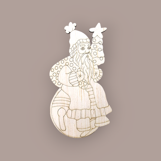 Unfinished wood blank engraved with Santa Claus sitting on a jingle bell and holding a tree.