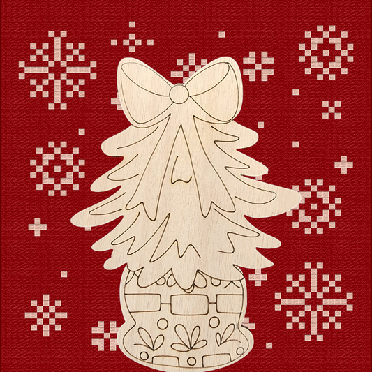 Unfinished wood cutout of a Christmas tree in a decorative pot with a large bow on top.