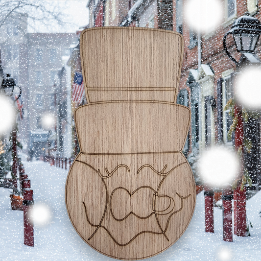 Unfinished wood cutout of a snowman head wearing a large top hat.