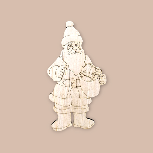 Unfinished wood blank engraved with Santa Claus holding a sack of sports balls.