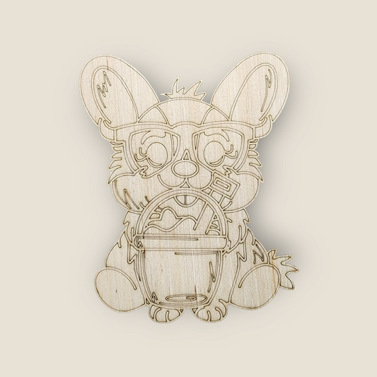 Unfinished wood door hanger blank with an engraved design of a Corgi wearing sunglasses and holding a beach bucket.